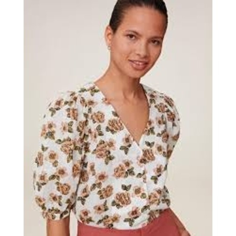 Mango MNG Floral Short Sleeve Puff Sleeve Cropped Blouse Cottagecore